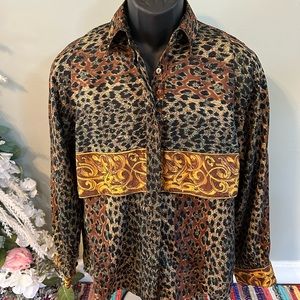 80s Leopard Cheetah Print Shirt Button Front with Collar Gold Medium Vintage